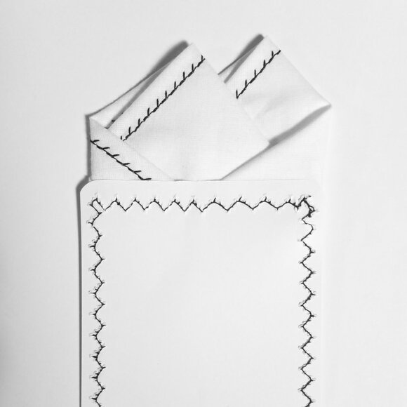 New - Black Stitching Cotton Pre-Folded Pocket Square Handkerchief Insert - Picture 6 of 8